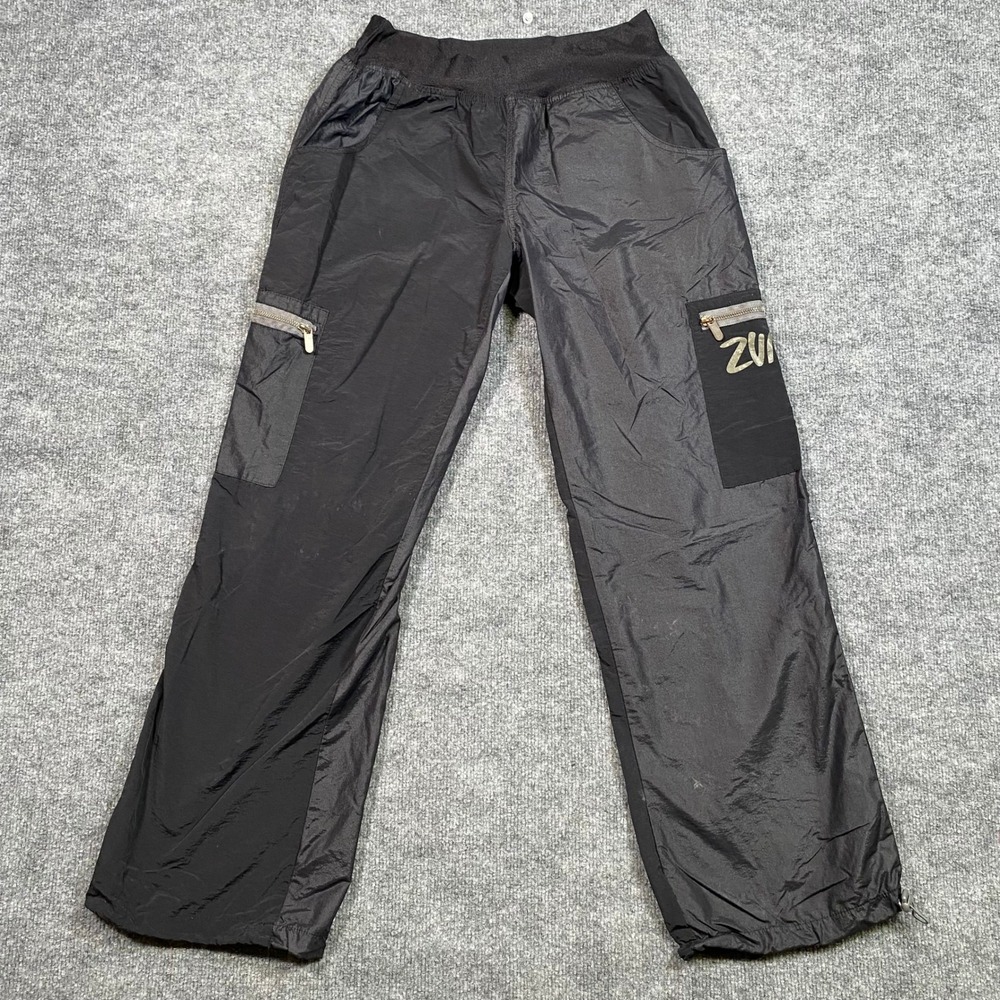 Zumba Fitness Womens Black Nylon Cargo Dance Pants Gold Logo Size Large